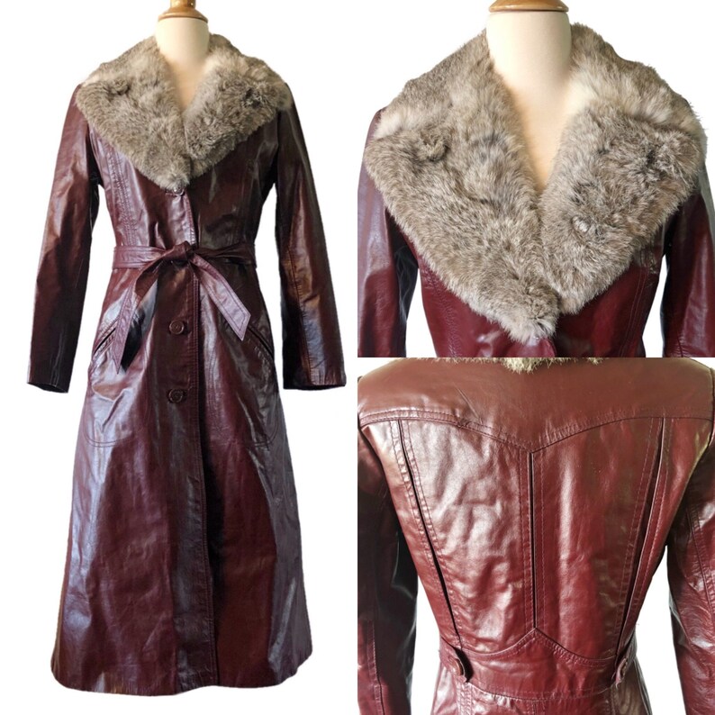 Vintage 1970's leather and fur trench coat burgundy | Etsy