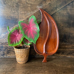 Mid Century Leaf Wood Tray: Vintage Divided Serving Dish