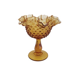 Vintage Fenton Amber Hobnail Glass Compote Dish: 1970s Pedestal Bowl