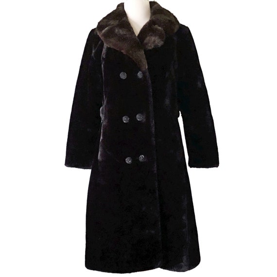 Vintage fur coat, 1970s winter coat, black with br