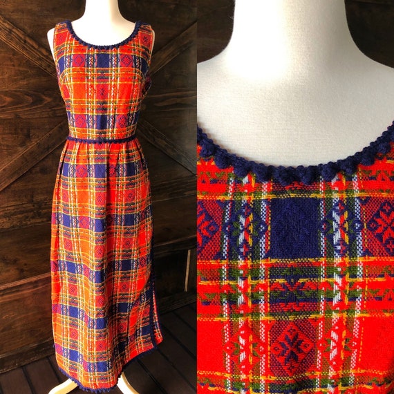 Vintage maxi dress, 1970's boho plaid, tweed dress