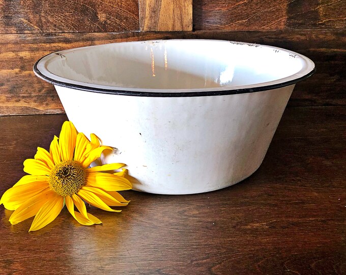 Vintage Enamel Basin, Large Enamelware Bowl, Black Trim Enamel