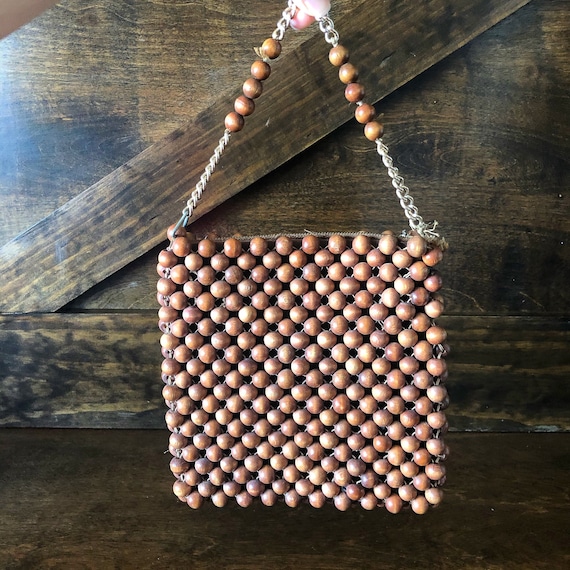 Vintage bead handbag, wood beaded purse, 1960's s… - image 1