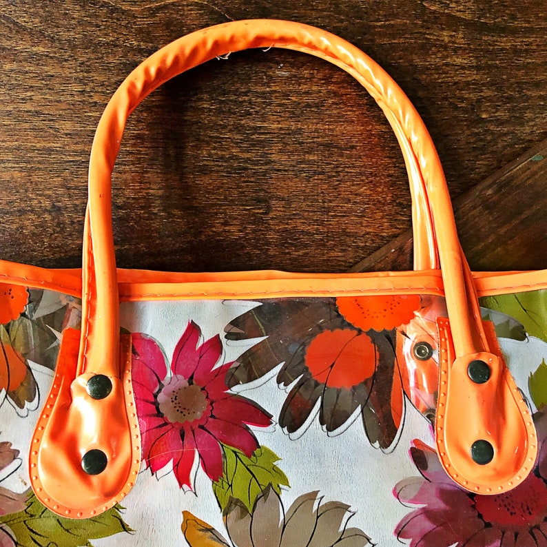 boho market bag and purple daisies Vintage floral vinyl shopping bag 1960/'s accessory flower power hippie tote bag yellow orange
