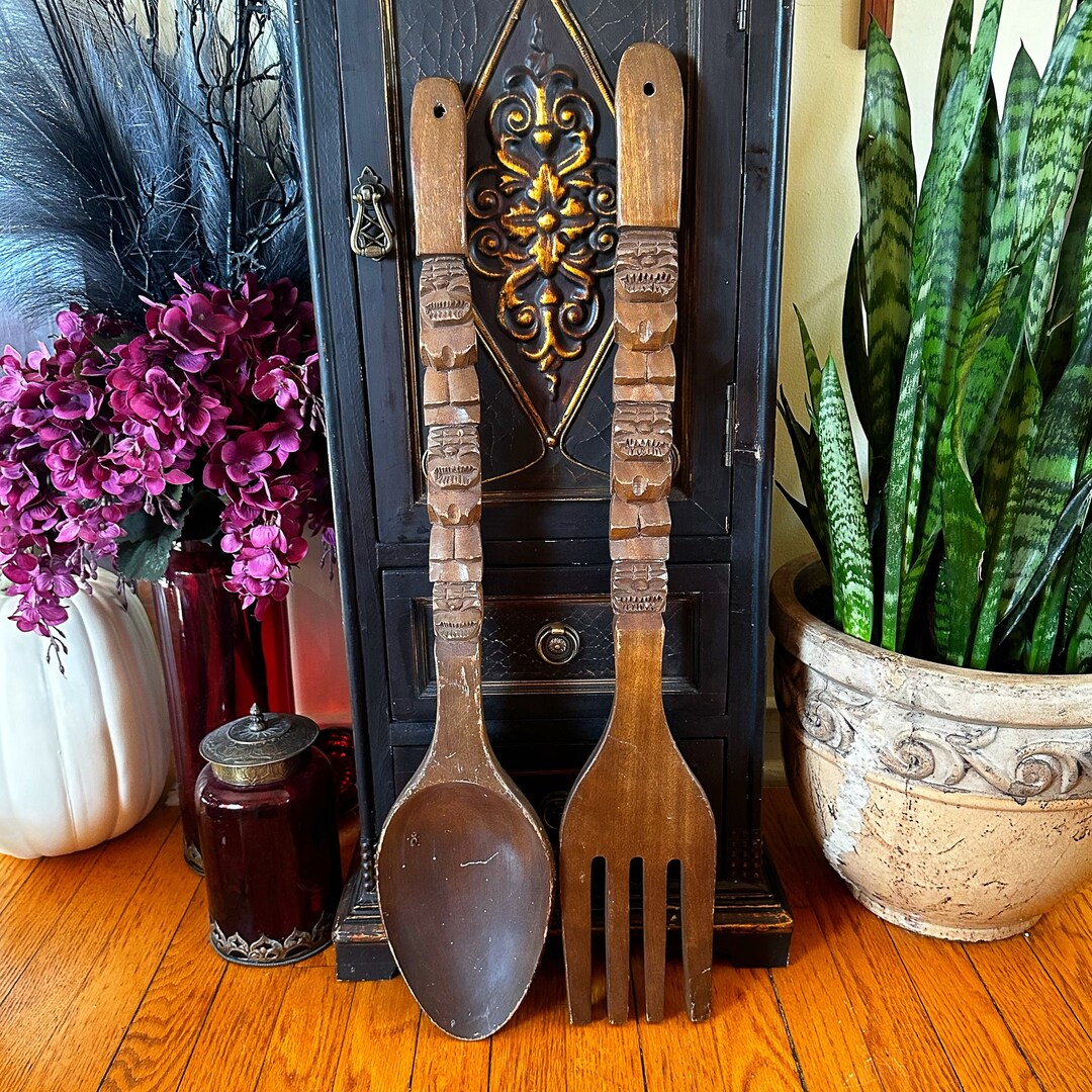Vintage Wooden Fork and Spoon 28 Oversized Carved Tiki Etsy