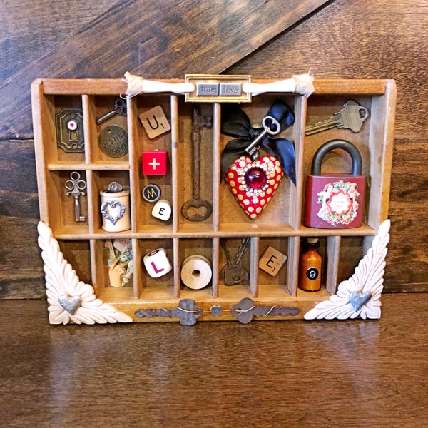 Assemblage art, found objects shadow box, love theme, "Key to my Heart", handmade, vintage pieces, one of a kind