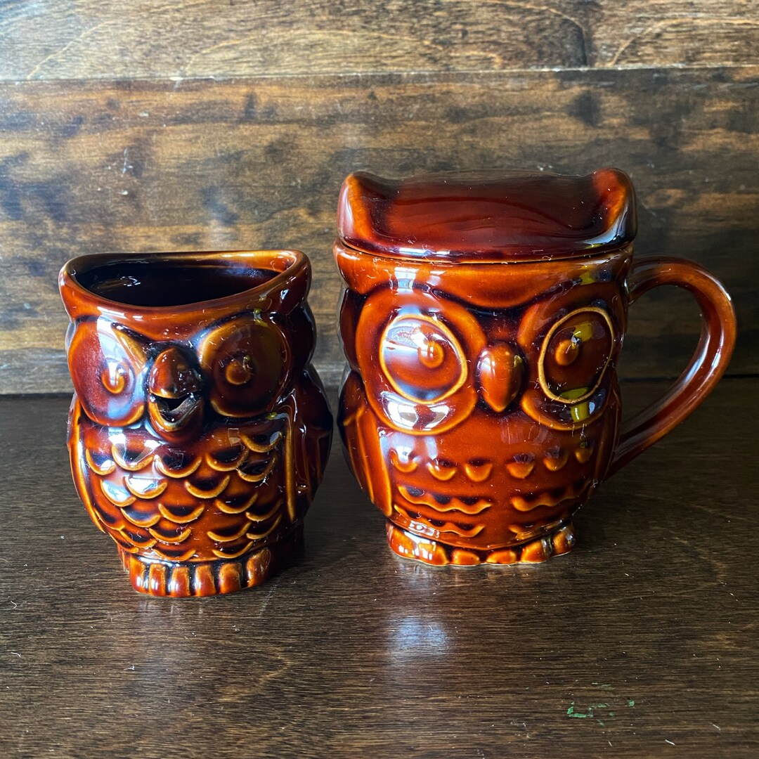 Vintage Owl Cream and Sugar, Boho Kitchenware, Boho Kitchen