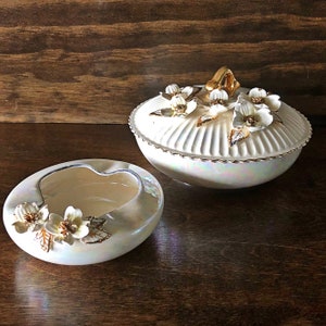 Vintage Norcrest Lusterware Set: Dogwood Jewelry Box & Ashtray