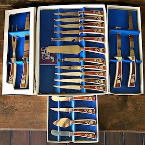 Vintage Sheffield knife set, 19 pc, Golden Prestige, stainless steel blades, English cutlery set, new, in original box, NOS, floral design
