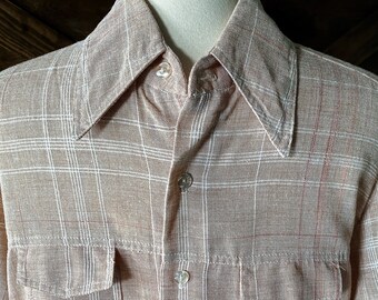 Vintage 70s Kennington Plaid Shirt: Butterfly Collar, Woven Menswear (Size Large)