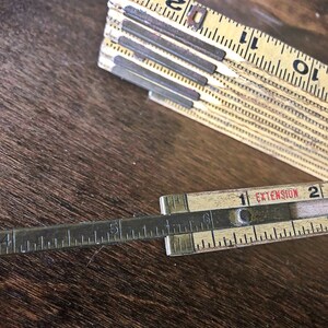 Vintage Folding Ruler, Yellow Extension Wood Ruler, Brass Sliding ...