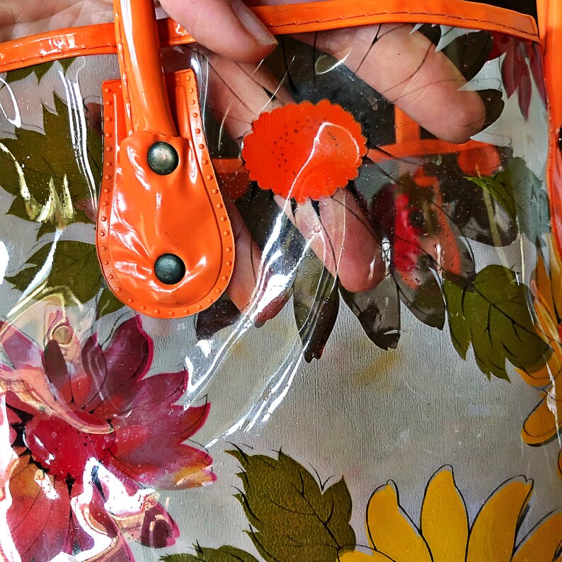 boho market bag and purple daisies Vintage floral vinyl shopping bag 1960/'s accessory flower power hippie tote bag yellow orange