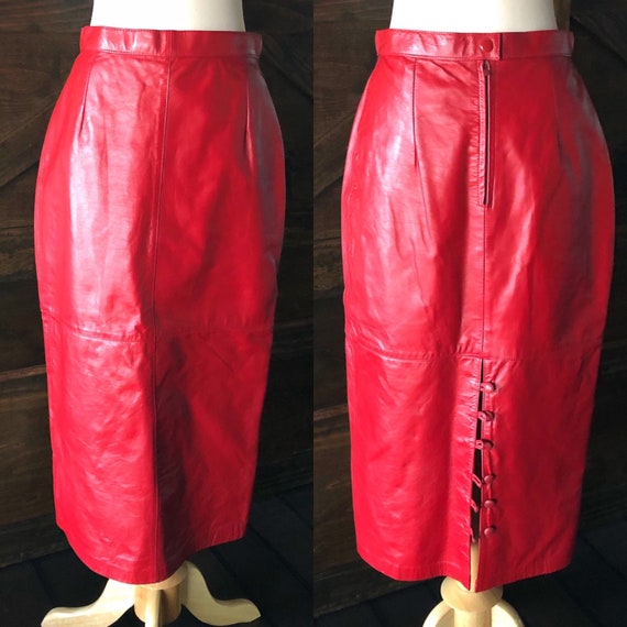 Vintage red leather pencil skirt, 1980's skirt, si