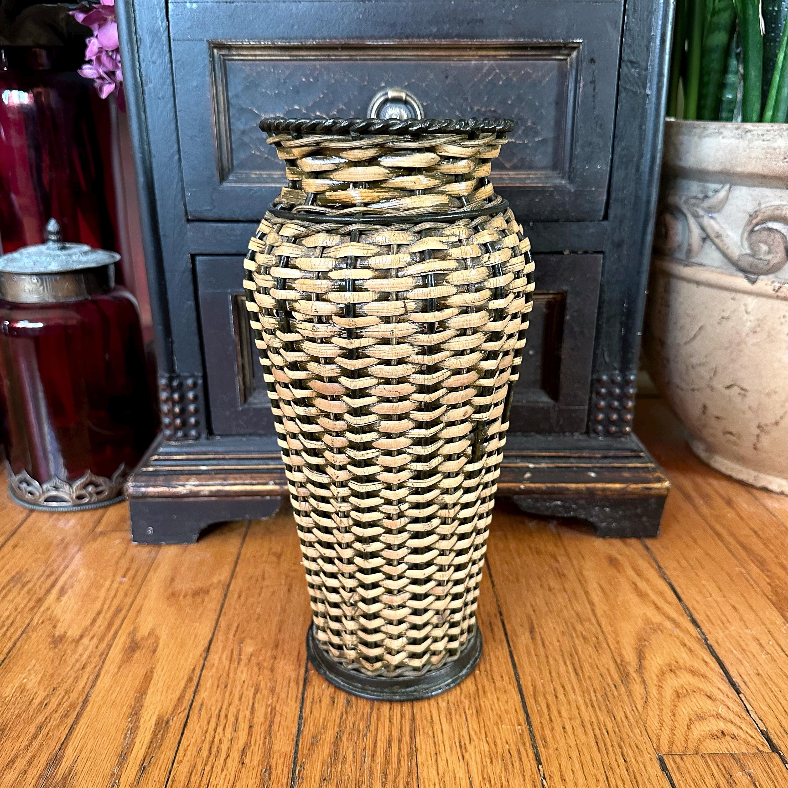 Vintage Wicker Basket: Tall Woven Vase with Metal Base