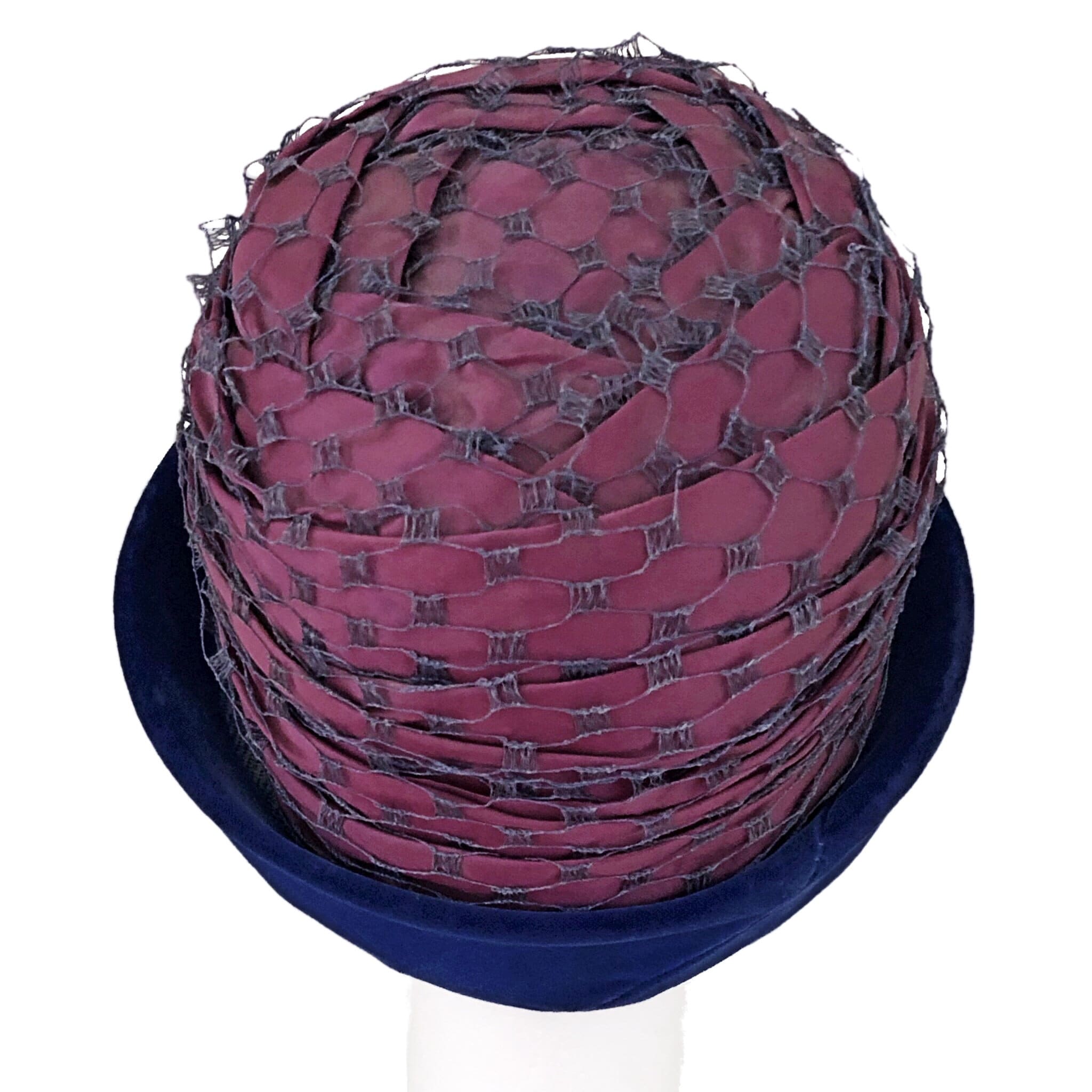 Vintage 1960s Purple Velveteen Hat Pleated Brim Cloche Style Purple velour felt cloche hat with handmade ribbon cockades main image 2