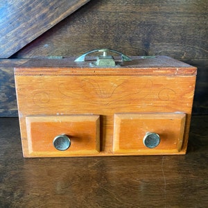 Vintage Wood Sewing Box: Rustic Farmhouse Storage with Brass Hardware