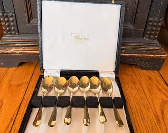 Vintage William Adams Sheffield England Gold Tone Tea Spoon Set in Box • 6 Demitasse Spoons • Mid Century Flatware Gift
