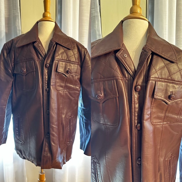 Men's vintage coat, faux leather, vegan leather coat, 1970's menswear