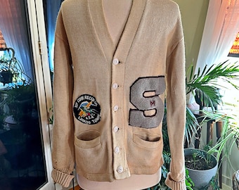 Vintage 1950s Letterman Cardigan: US Army Taiwan Patch, Wool Blend