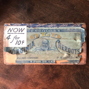 Antique Old Virginia Cheroots wood cigar box, 1917 tobacco advertising, Black Americana collectable