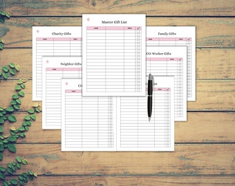 Kerstcadeauplanner, afdrukbare kerstcadeaulijst, cadeautracker, checklist voor kerstcadeaus, cadeaubudget, kersttakenlijst.