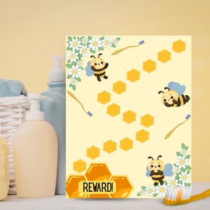 May include: A yellow reward chart with cartoon bees, honeycombs, and toothbrushes. The chart has the word "REWARD!" in a honeycomb design. White daisies and green leaves decorate the edges. A yellow toothbrush is in the foreground.