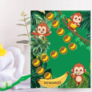May include: A vibrant illustration shows cartoon monkeys and bananas against a green backdrop. One monkey holds a banana, another brushes its teeth, and others are climbing. The word "REWARD!!" is written on a banana.