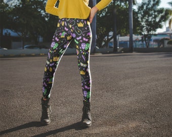 Festive Mardi Gras Leggings Purple Green Yellow All Over Print Womens Leggings, Womens Adult Yoga Pants, Polyester Spandex Leggings Party