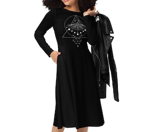 Vestido midi con manga larga all over