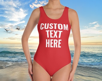 Custom One Piece Swimsuit Women Bathing Suit Custom Text Personalized swimwear. Plus size swimwear, Plus size swimsuit, red, gift