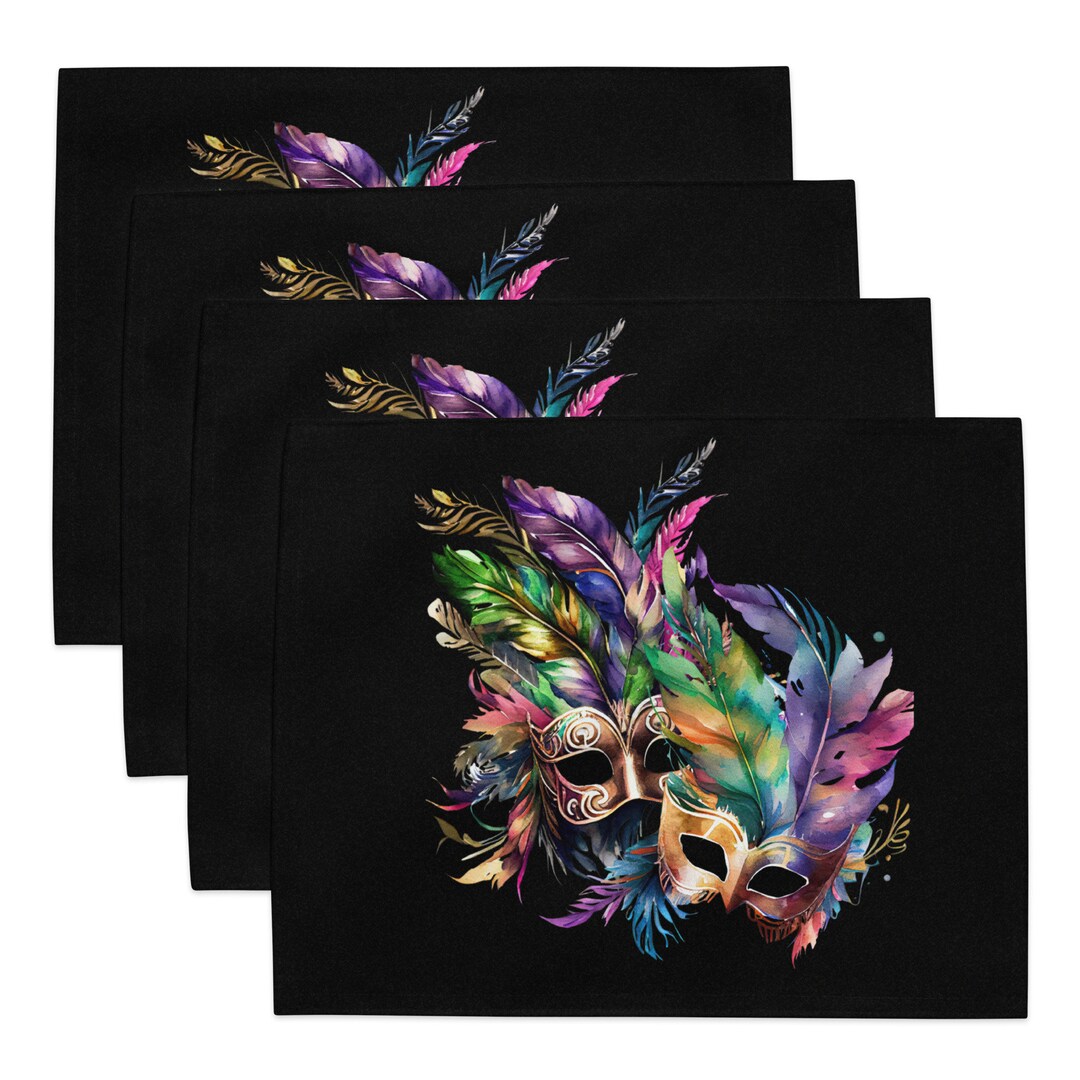 Placemat Set Mardi Gras Fleur De Lis Masks on Black Placemat Set of ...