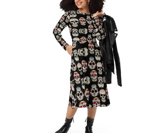 Vestido midi con manga larga all over