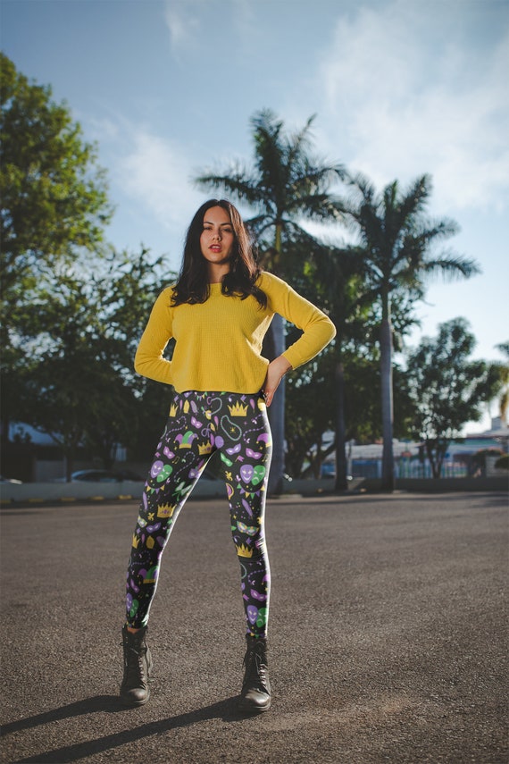 Festive Mardi Gras Leggings Purple Green Yellow All Over Print