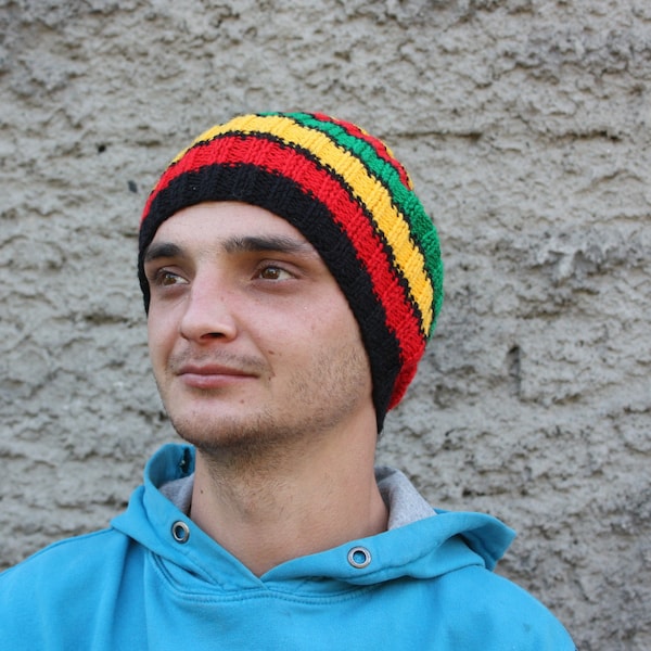 Knit Rasta Hat, rasta beanie, Bob Marley hat, Jamaican Style Hat, Rastafarian Cap, Unisex, chunky knit tri-color beanie, Weed Hat, Marijuana