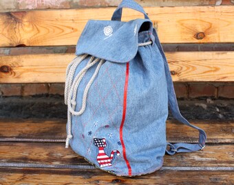 Recycled jeans backpack, Casual denim backpack, Travel denim backpack, applique cat, light blue backpack