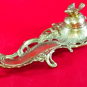 Ornate Vintage Brass Bird Inkwell Holder with Pen Tray