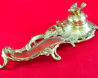 Ornate Vintage Brass Bird Inkwell Holder with Pen Tray