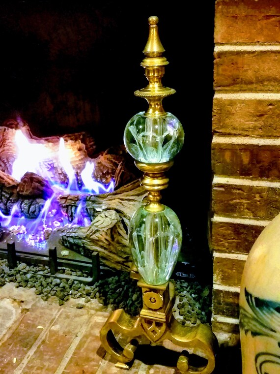 Pair of Midcentury Murano Glass & Brass Andirons- Ca 1940's