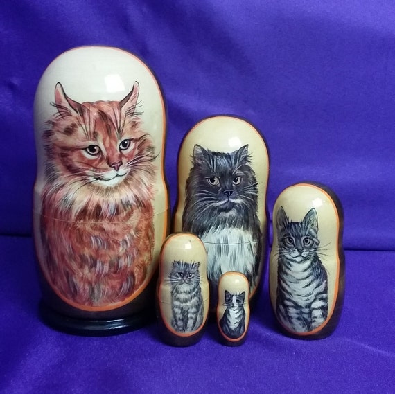 Hand Painted Cat Themed Nesting Dolls Matryoshka