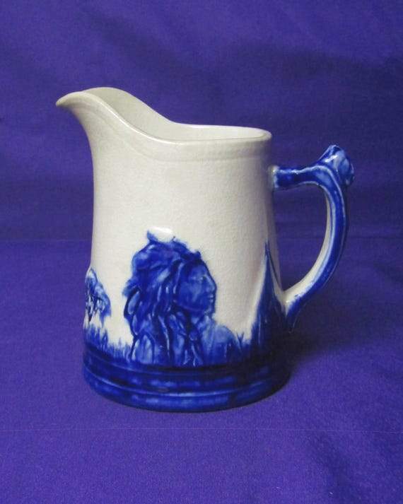 Sleepy Eye Style Pottery | Vintage Blue White Pitcher | Japanese Export Stoneware | Rare Kitchenware