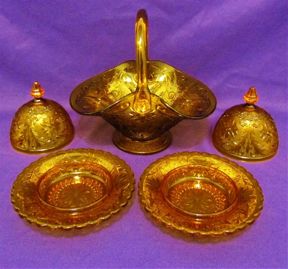 Indiana Glass Company 5 Piece Set- Tiara Pattern Amber Glass Sandwich Basket (1) & Covered Butter Dishes (2)