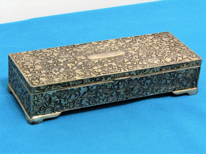 Vintage Ornate Silver Toned Jewelry Box With Mirror and Red Velvet Interior