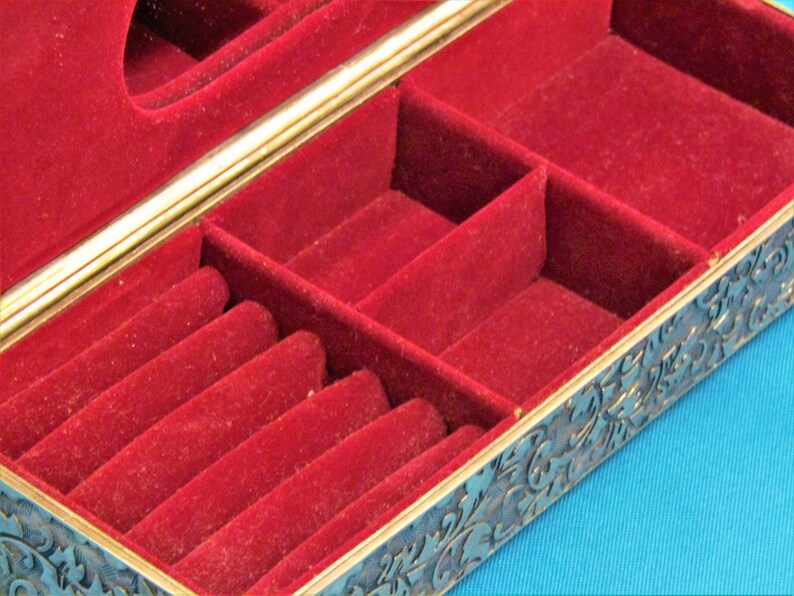Vintage Ornate Silver Toned Jewelry Box With Mirror and Red Velvet Interior