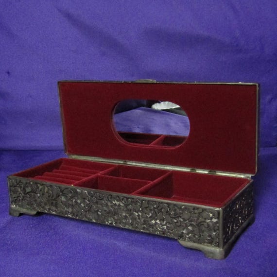 Vintage Ornate Silver Toned Jewelry Box With Mirror and Red Velvet Interior