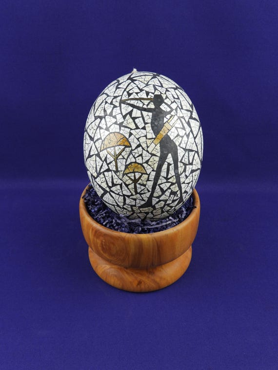 South African Handcrafted Art Egg | Avoova Ostrich Mosaic Decor | Rare San Hunter Pictorial Art
