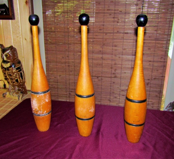 Set of 3 Antique Hand-Turned 2 Lb. Juggling Pins- Indian Clubs