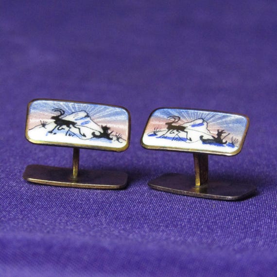 Vintage Norwegian Sterling Silver Reindeer and Sleigh Cuff Links