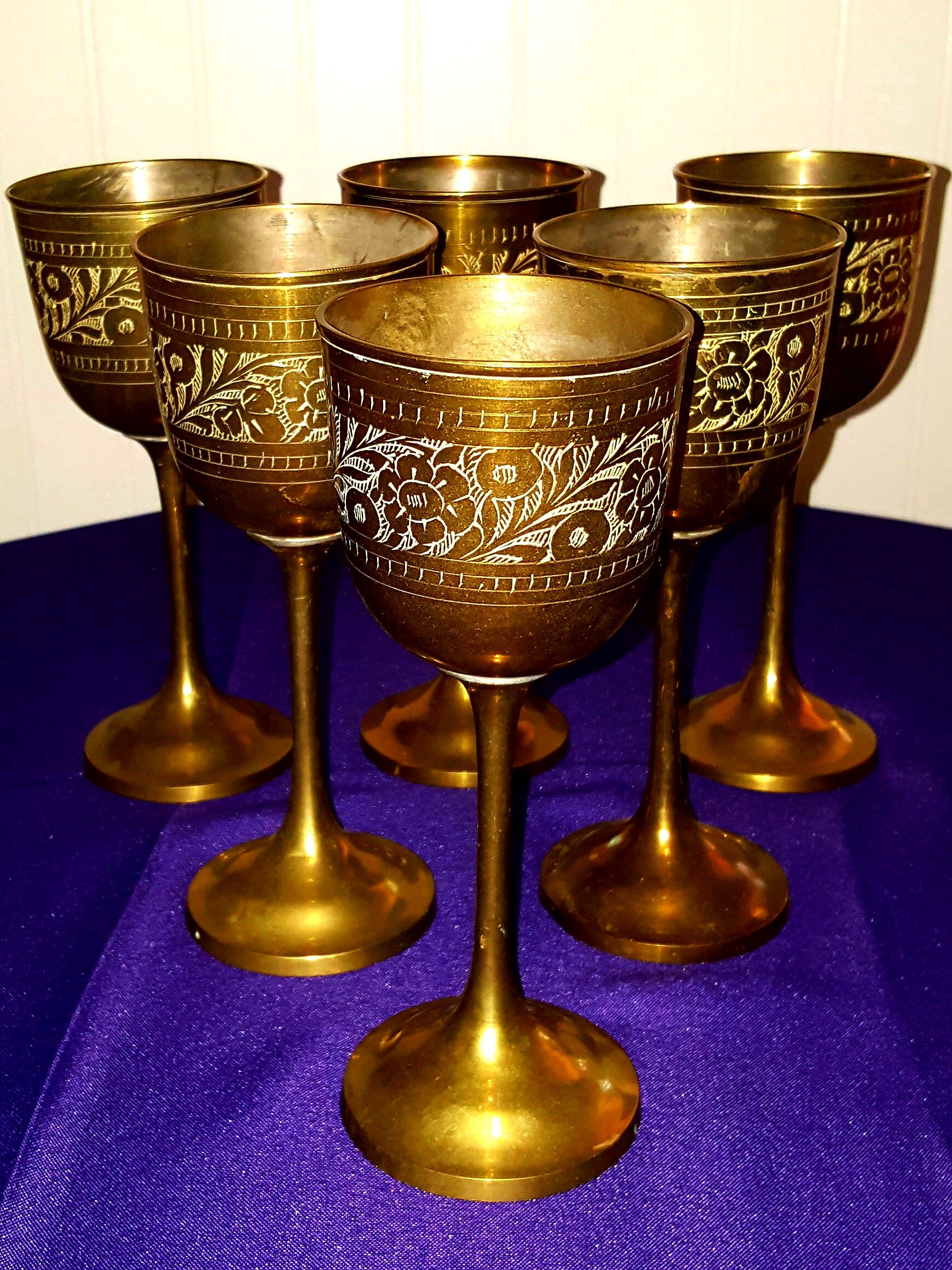 Set of Six Etched Brass Goblets6 Brass Cups