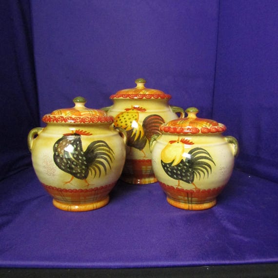 Hand-Painted Italian Rooster Jars | Williams Sonoma Tuscan Suite | Majolica Ceramic Storage | 3-Piece Estate Collection
