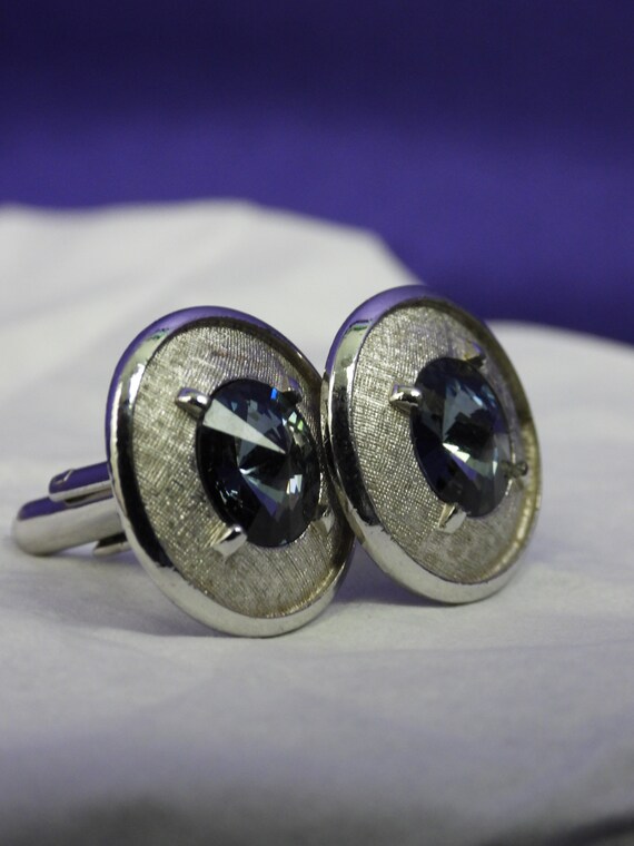 Vintage Mid-Century Silver Shields Cufflinks with Blue Crystal